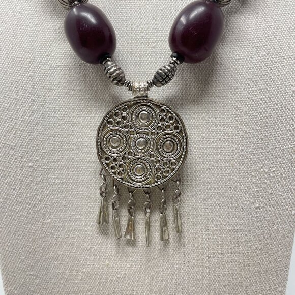 Handcrafted Boho Necklace Silver Tone Mandela Pendant Beaded Gypsy Ethnic‎ - Picture 2 of 14